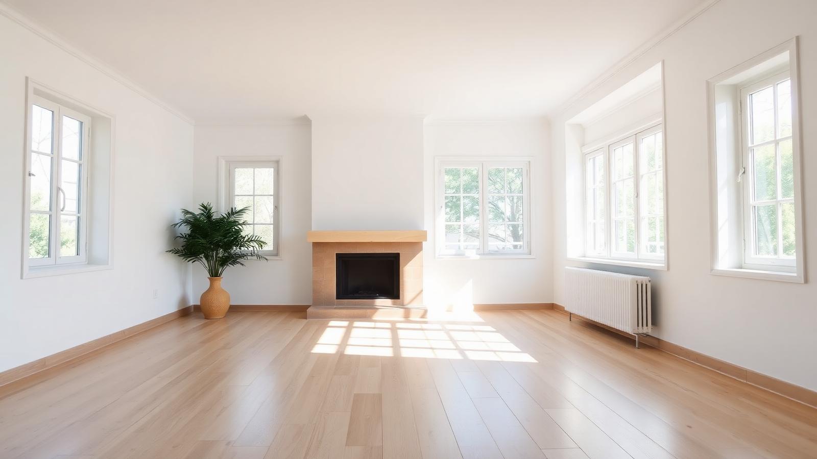 Leerer, heller Wohnraum mit frisch gereinigtem Holzboden