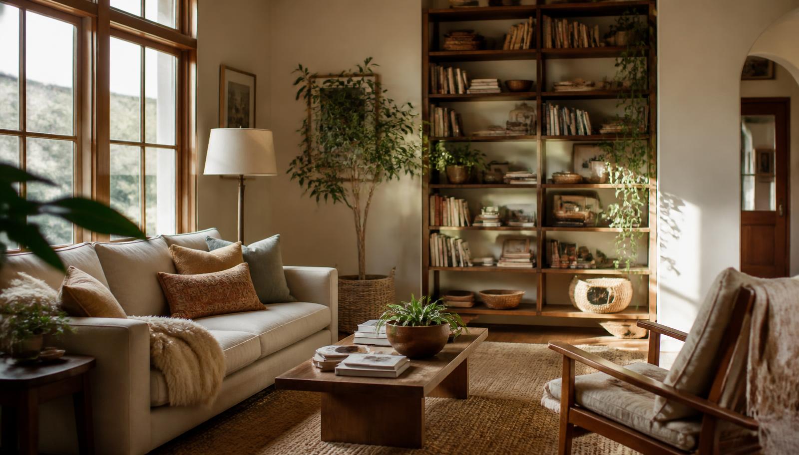 Gemütlicher, heller Wohnraum mit natürlichen Materialien, Holz und Textilien