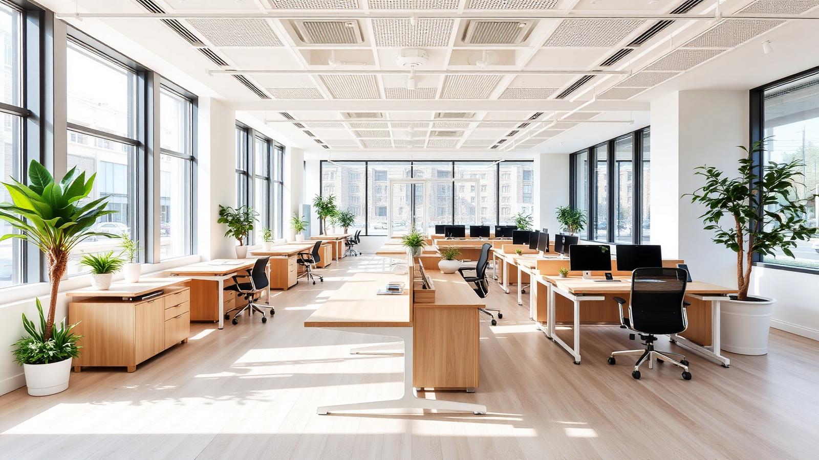 Helles, aufgeräumtes Büro mit Pflanzen und großen Fenstern